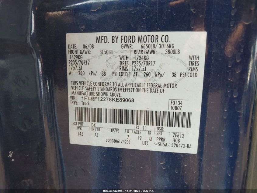 2008 Ford F-150 Stx/Xl/Xlt VIN: 1FTRF12278KE89068 Lot: 43747395