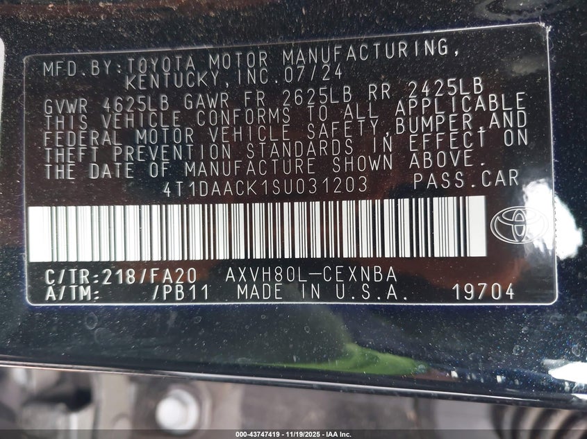 VIN 4T1DAACK1SU031203 2025 TOYOTA CAMRY LE