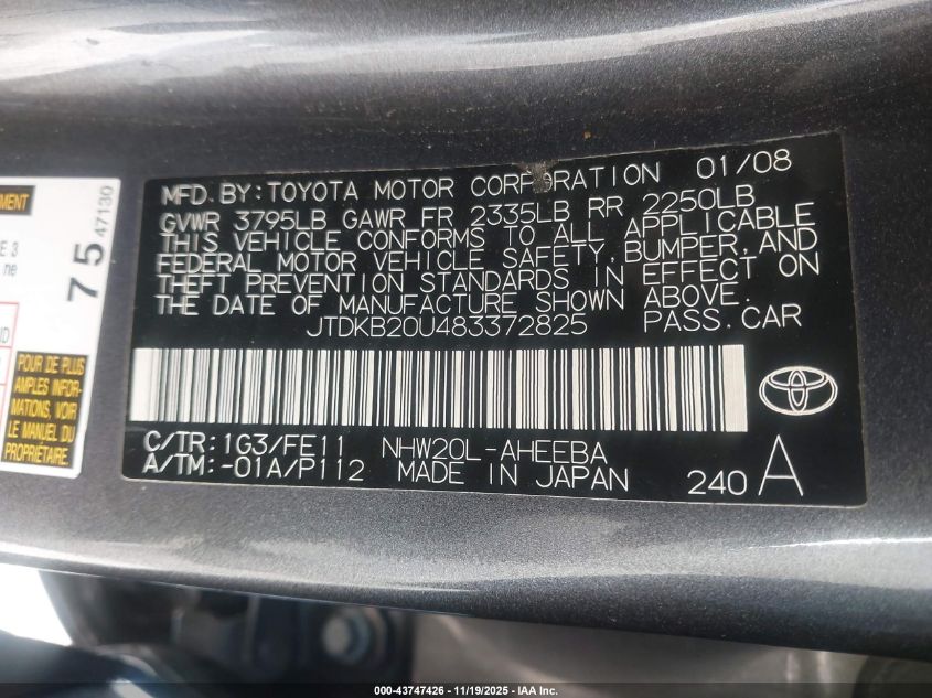 2008 Toyota Prius VIN: JTDKB20U483372825 Lot: 43747426