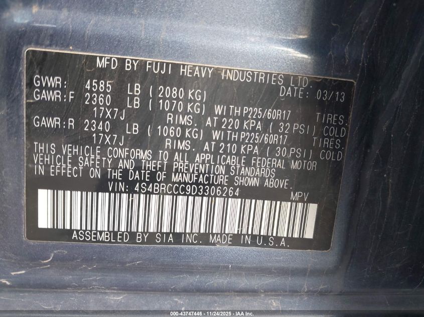 2013 Subaru Outback 2.5I Premium VIN: 4S4BRCCC9D3306264 Lot: 43747446