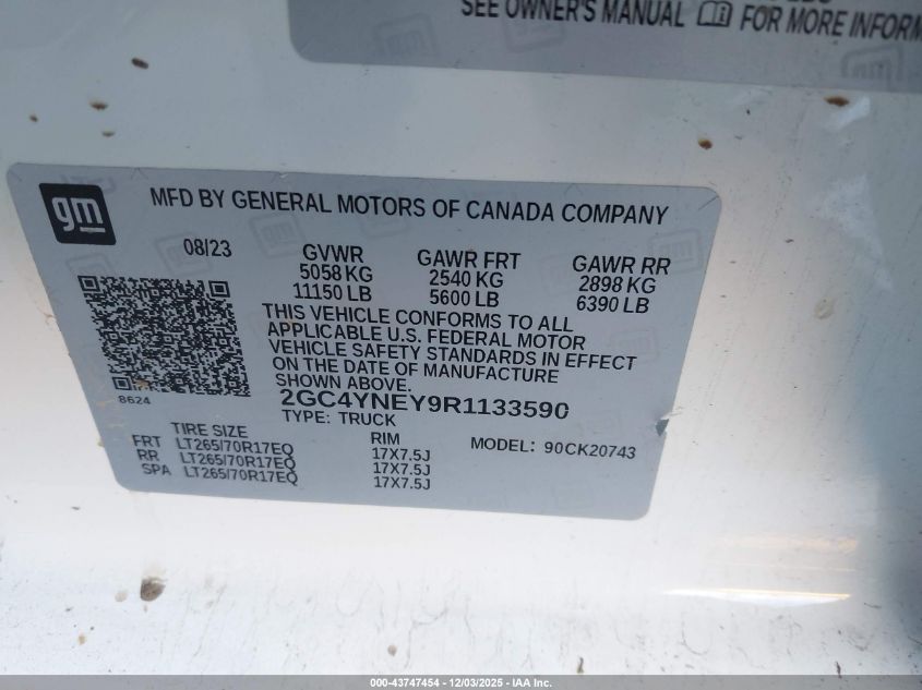 2024 Chevrolet Silverado 2500Hd 4Wd Standard Bed Lt VIN: 2GC4YNEY9R1133590 Lot: 43747454