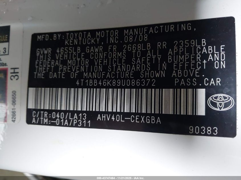 2009 Toyota Camry Hybrid VIN: 4T1BB46K89U086372 Lot: 43747464