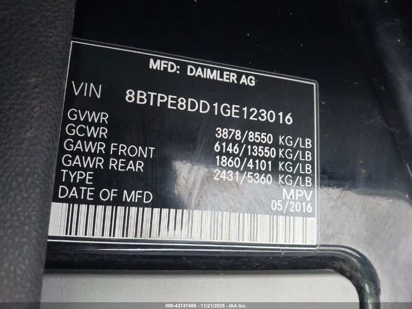 2016 Mercedes-Benz Sprinter 2500 High Roof VIN: 8BTPE8DD1GE123016 Lot: 43747468