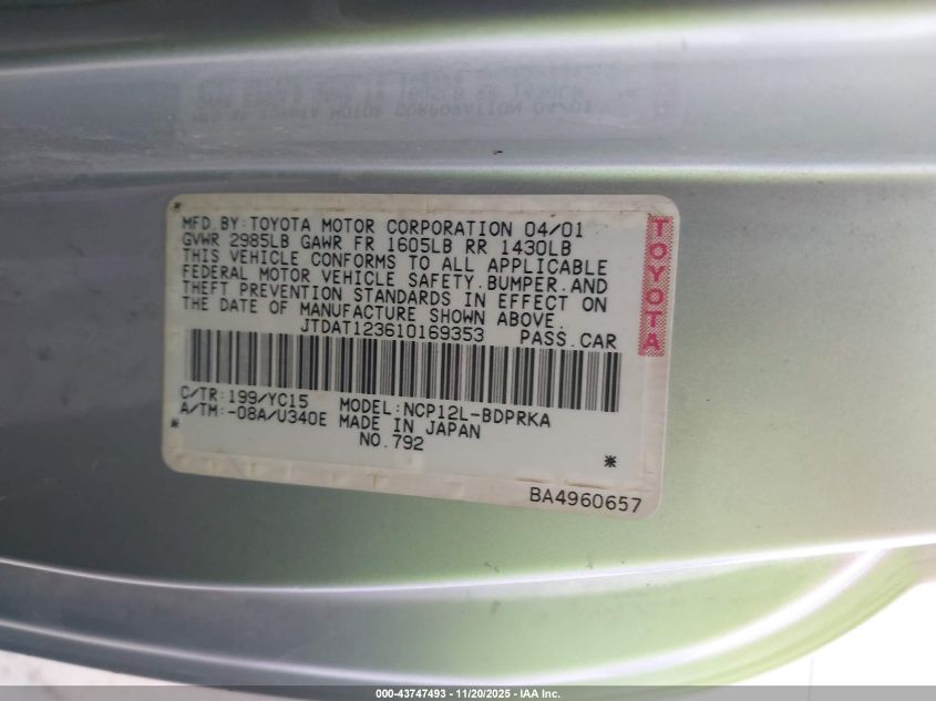 2001 Toyota Echo VIN: JTDAT123610169353 Lot: 43747493