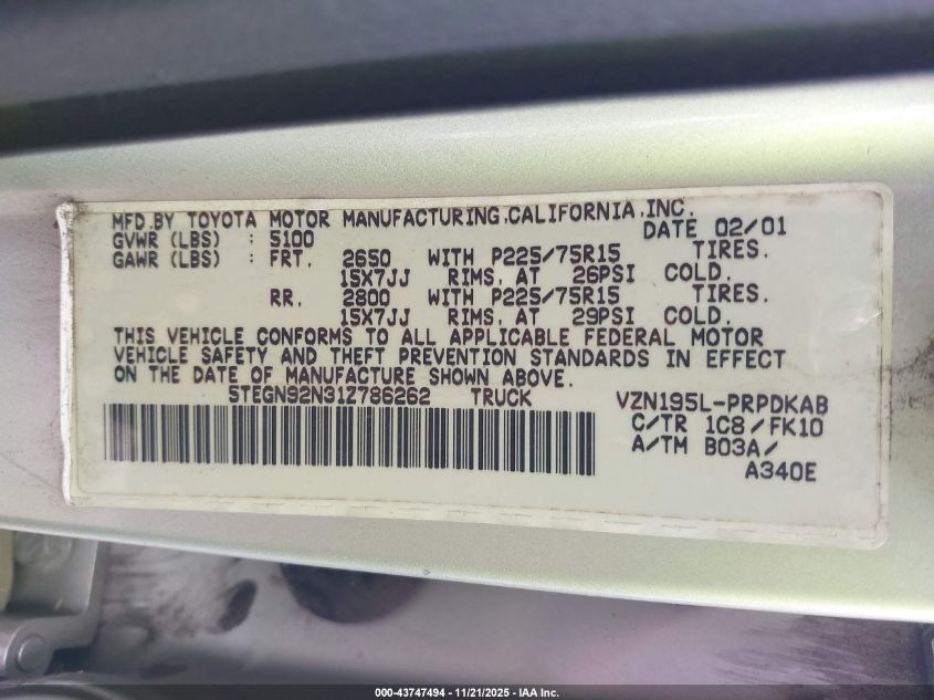 2001 Toyota Tacoma Prerunner V6 VIN: 5TEGN92N31Z786262 Lot: 43747494