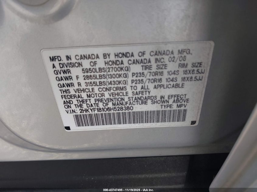 2006 Honda Pilot Lx VIN: 2HKYF18106H528380 Lot: 43747495
