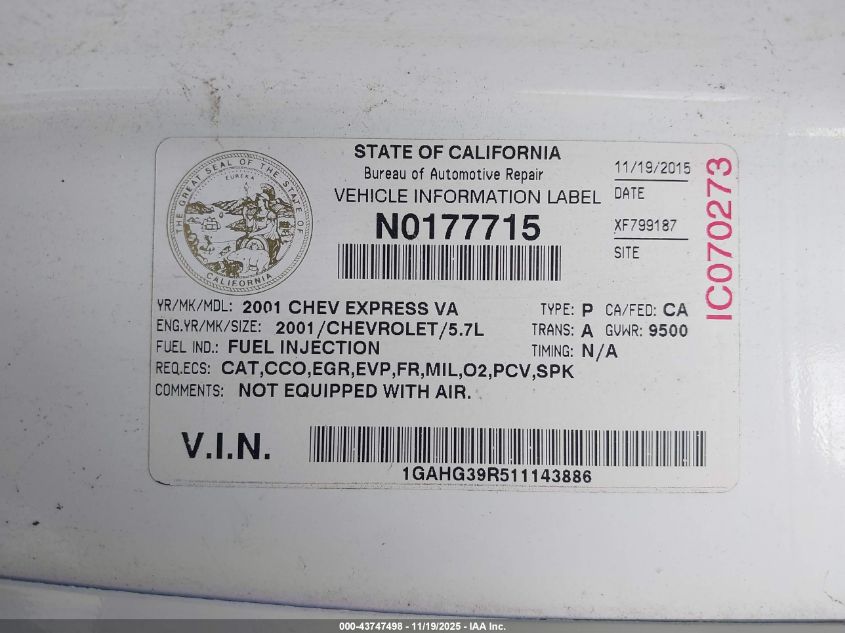 2001 Chevrolet Express VIN: 1GAHG39R511143886 Lot: 43747498