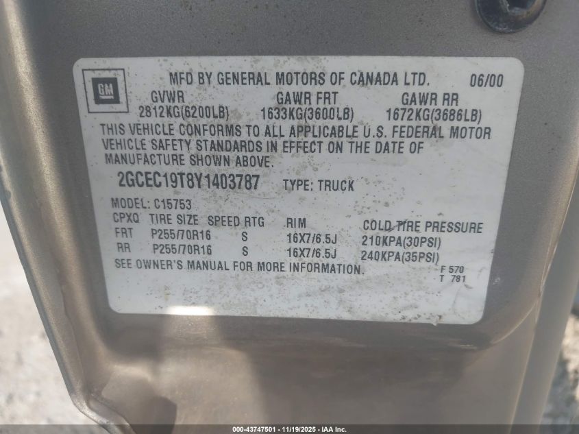 2000 Chevrolet Silverado 1500 Lt VIN: 2GCEC19T8Y1403787 Lot: 43747501