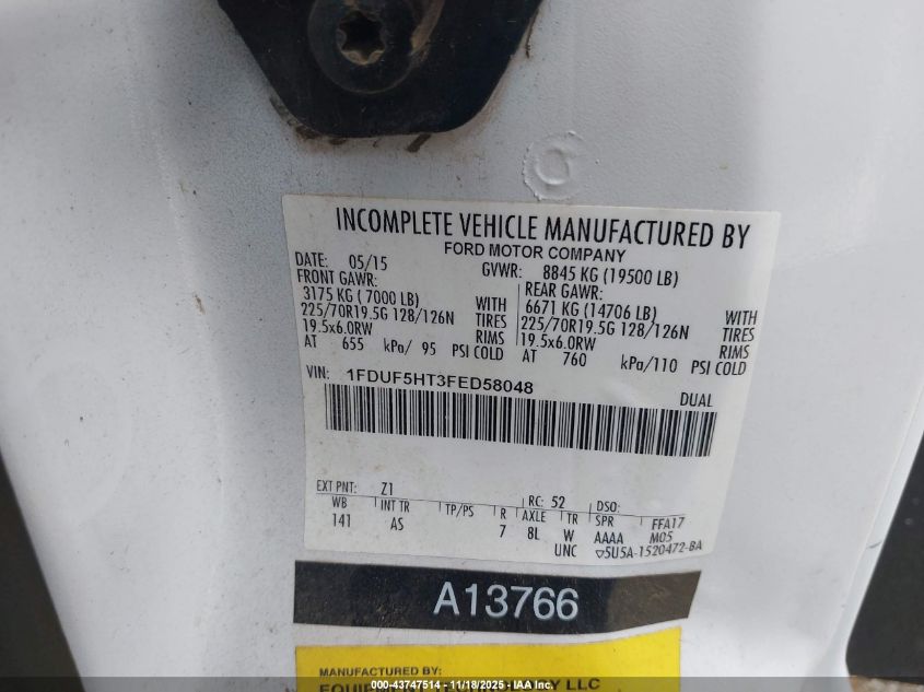 2015 Ford F-550 Chassis Xl VIN: 1FDUF5HT3FED58048 Lot: 43747514