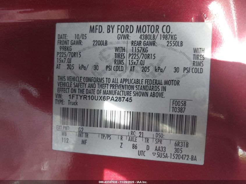 2006 Ford Ranger Sport/Stx/Xl/Xlt VIN: 1FTYR10UX69A28745 Lot: 43747535