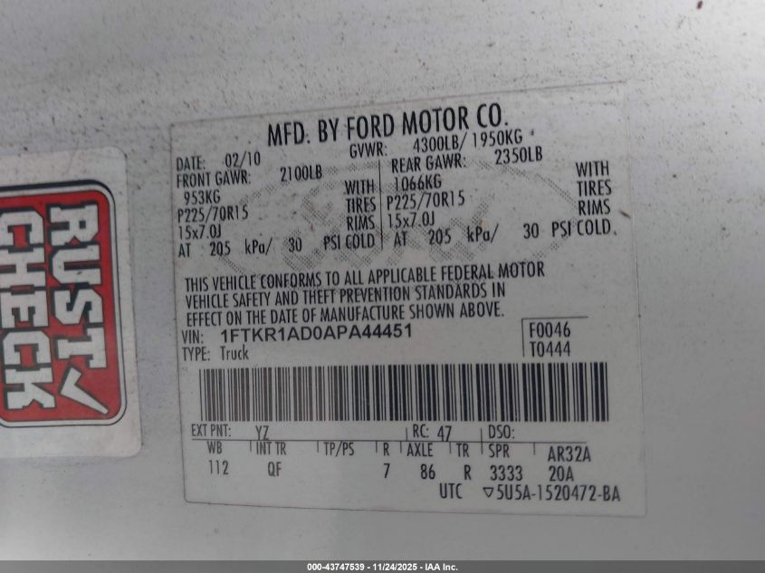 2010 Ford Ranger Xl/Xlt VIN: 1FTKR1AD0APA44451 Lot: 43747539