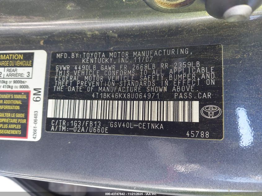 2008 Toyota Camry Le V6 VIN: 4T1BK46KX8U064971 Lot: 43747542