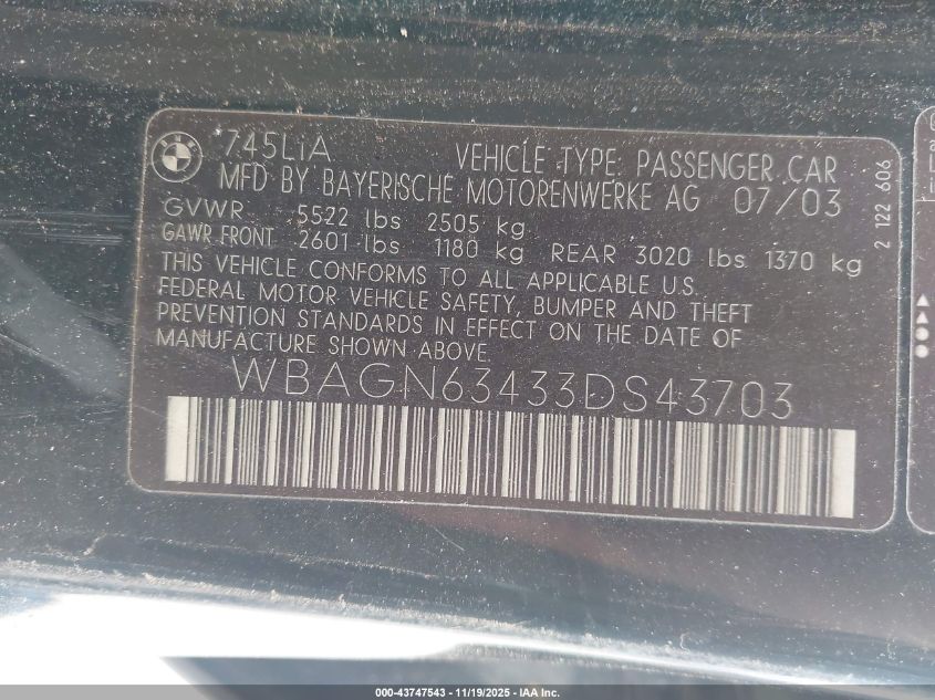 2003 BMW 745Li VIN: WBAGN63433DS43703 Lot: 43747543