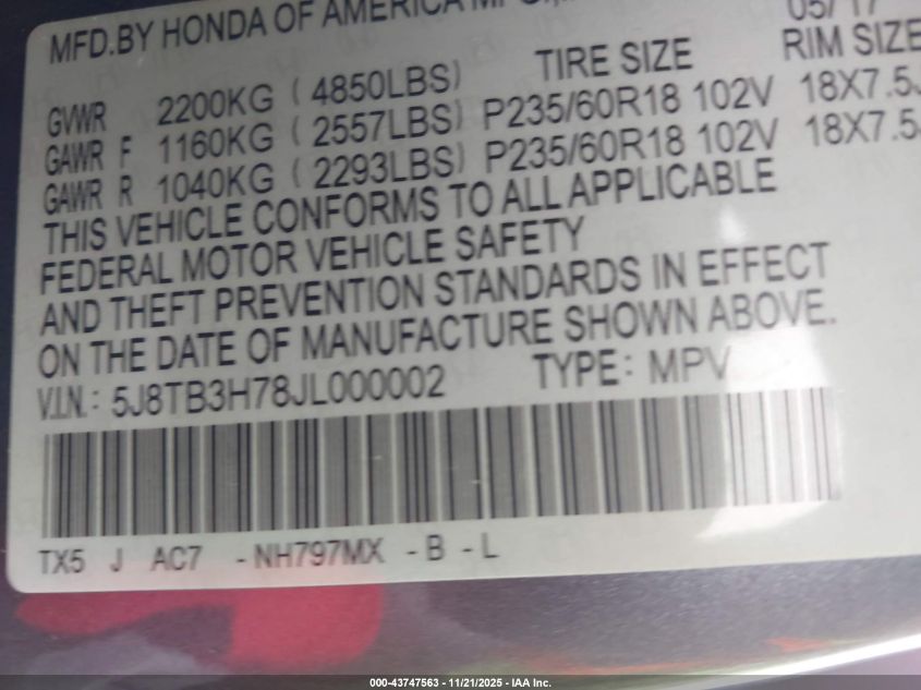 2018 Acura Rdx Advance Package VIN: 5J8TB3H78JL000002 Lot: 43747563