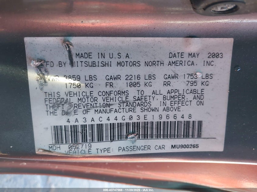 2003 Mitsubishi Eclipse Gs VIN: 4A3AC44G03E196648 Lot: 43747566