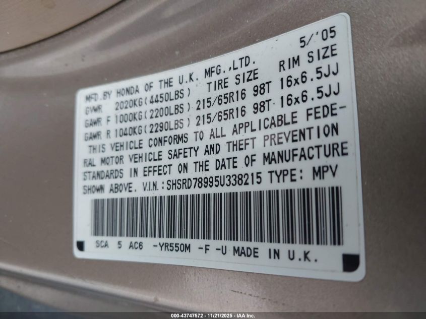 2005 Honda Cr-V Se VIN: SHSRD78995U338215 Lot: 43747572