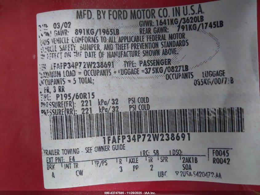 2002 Ford Focus Se VIN: 1FAFP34P72W238691 Lot: 43747585