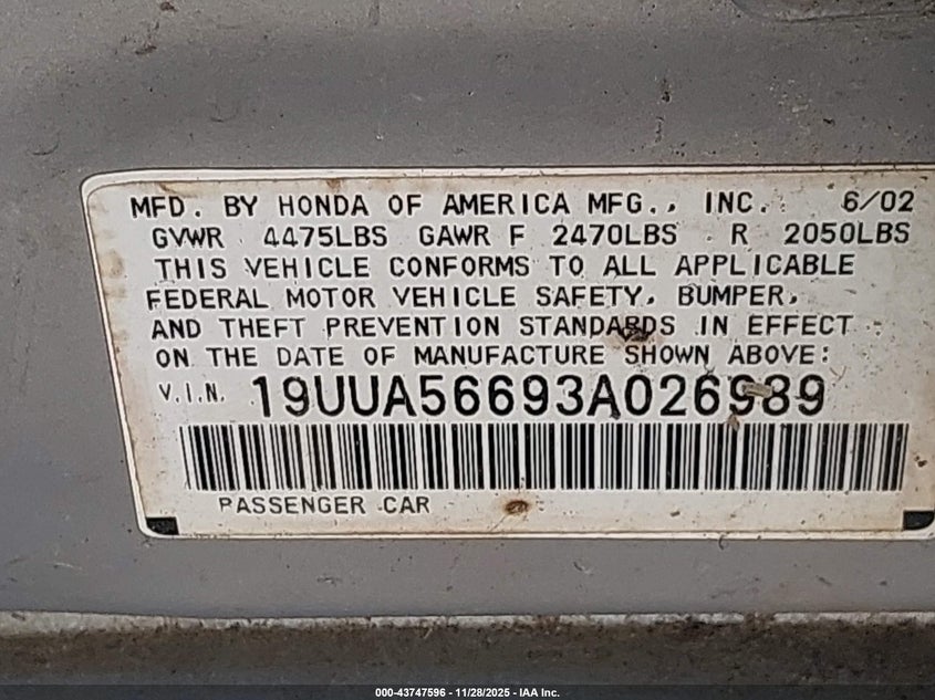 2003 Acura Tl 3.2 VIN: 19UUA56693A026989 Lot: 43747596