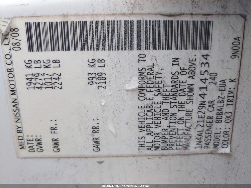 1N4AL21E29N414534 2009 NISSAN ALTIMA photo no. 9