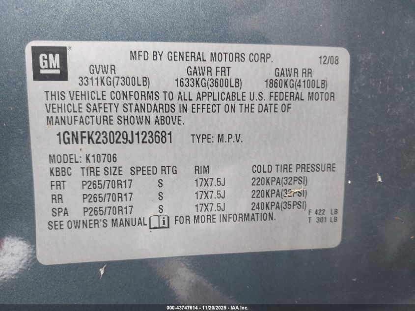 2009 Chevrolet Tahoe Lt2 VIN: 1GNFK23029J123681 Lot: 43747614