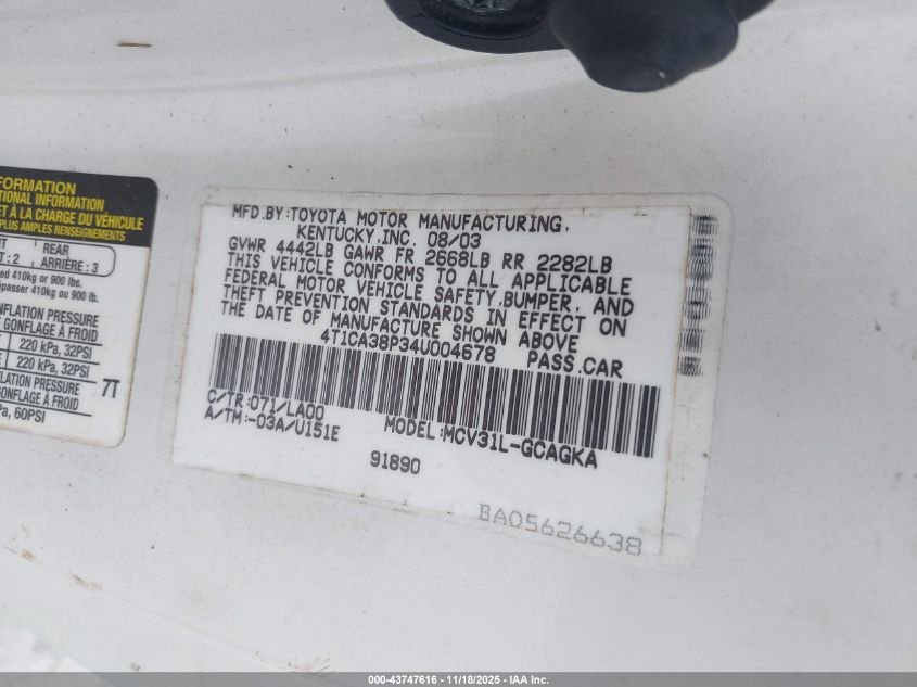 2004 Toyota Camry Solara Sle V6 VIN: 4T1CA38P34U004678 Lot: 43747616