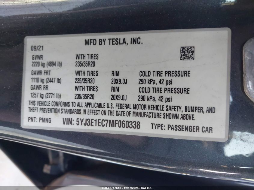 2021 Tesla Model 3 Performance Dual Motor All-Wheel Drive VIN: 5YJ3E1EC7MF060338 Lot: 43747618