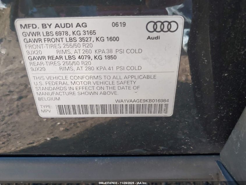 2019 Audi E-Tron Premium Plus VIN: WA1VAAGE9KB016984 Lot: 43747633