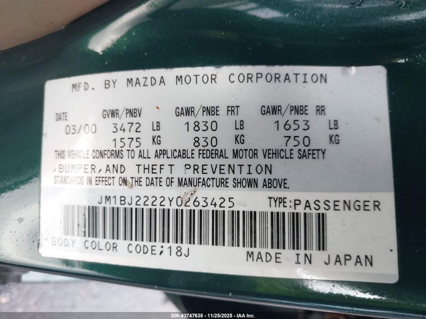 2000 Mazda Protege Dx/Lx VIN: JM1BJ2222Y0263425 Lot: 43747638