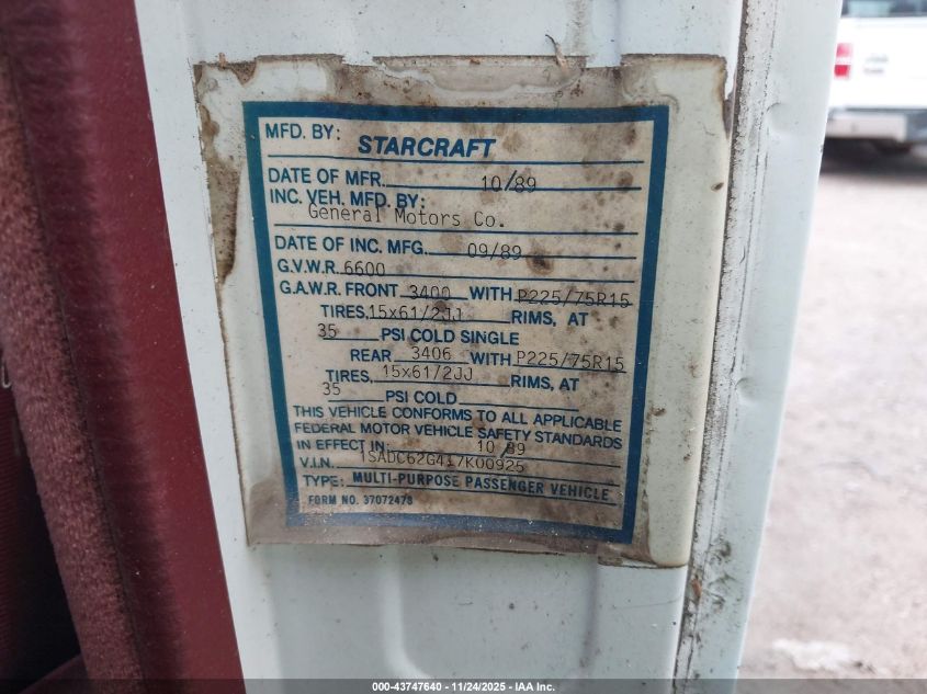 1990 GMC Rally Wagon / Van G2500 VIN: 1GDEG25K2L7502829 Lot: 43747640