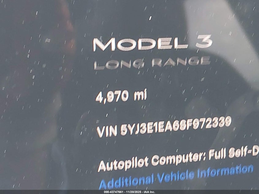2025 Tesla Model 3 Long Range Rear-Wheel Drive/Standard VIN: 5YJ3E1EA6SF972339 Lot: 43747661