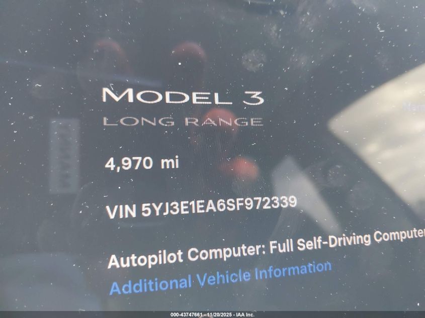 2025 Tesla Model 3 Long Range Rear-Wheel Drive/Standard VIN: 5YJ3E1EA6SF972339 Lot: 43747661