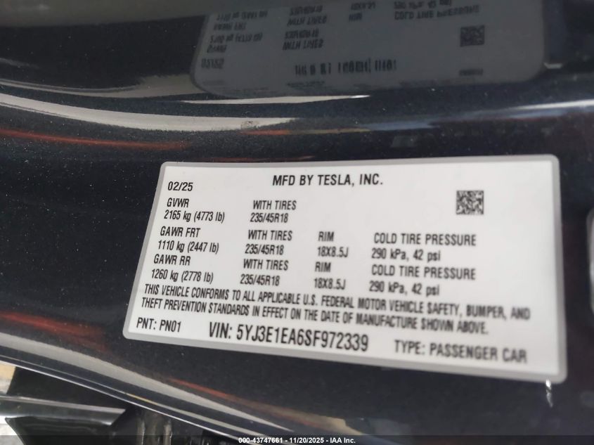 2025 Tesla Model 3 Long Range Rear-Wheel Drive/Standard VIN: 5YJ3E1EA6SF972339 Lot: 43747661