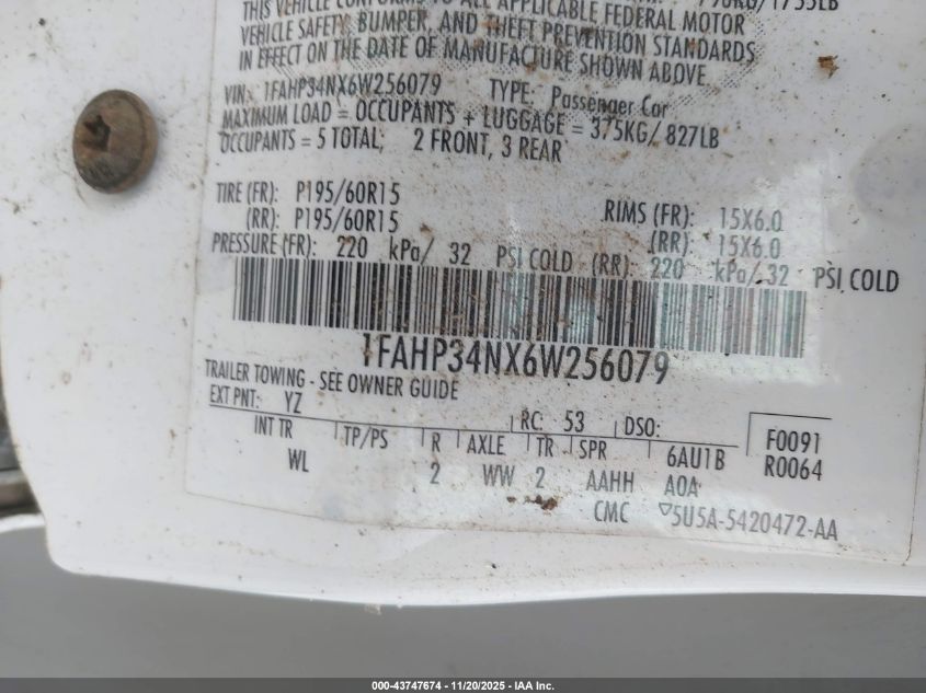 2006 Ford Focus Zx4 VIN: 1FAHP34NX6W256079 Lot: 43747674