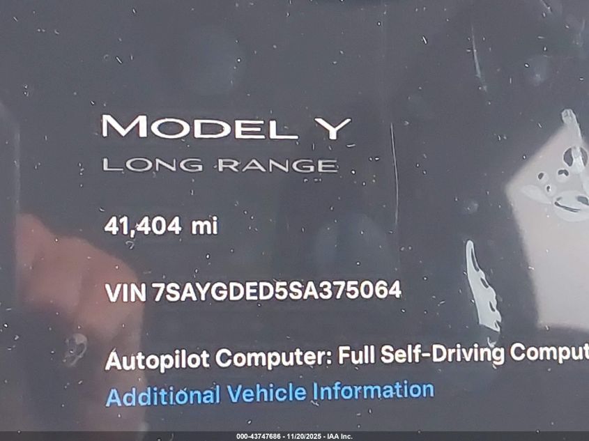 2025 Tesla Model Y Long Range Dual Motor Rear-Wheel Drive VIN: 7SAYGDED5SA375064 Lot: 43747686