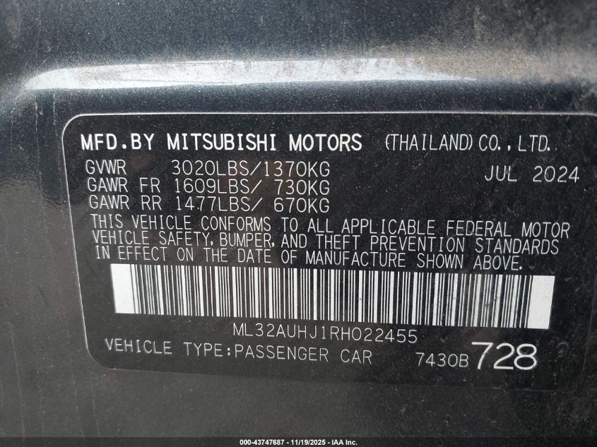2024 Mitsubishi Mirage Es/Le VIN: ML32AUHJ1RH022455 Lot: 43747687