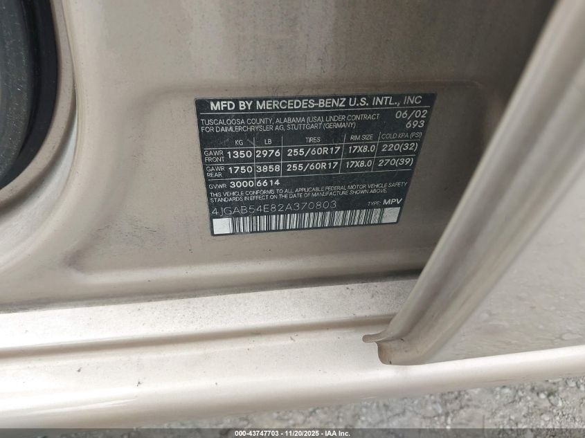 2002 Mercedes-Benz Ml 320 VIN: 4JGAB54E82A370803 Lot: 43747703