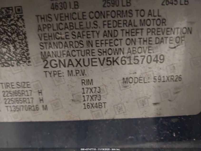 2019 Chevrolet Equinox Lt VIN: 2GNAXUEV5K6157049 Lot: 43747715