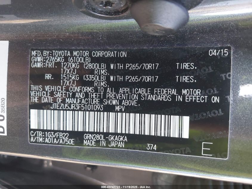 2015 Toyota 4Runner Sr5 VIN: JTEZU5JR3F5101093 Lot: 43747723