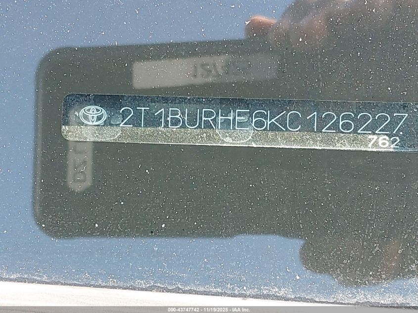 2019 Toyota Corolla Se VIN: 2T1BURHE6KC126227 Lot: 43747742