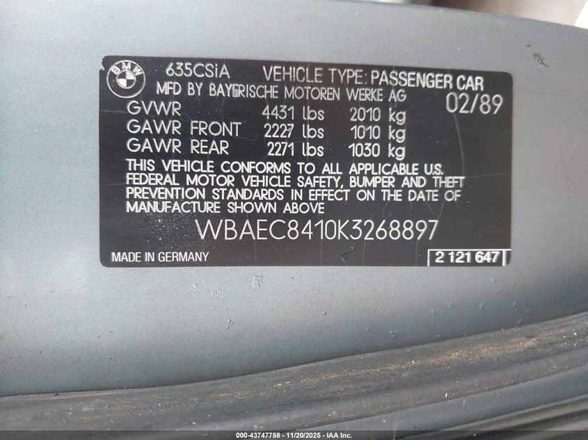 1989 BMW 635 Csi Automatic VIN: WBAEC8410K3268897 Lot: 43747758