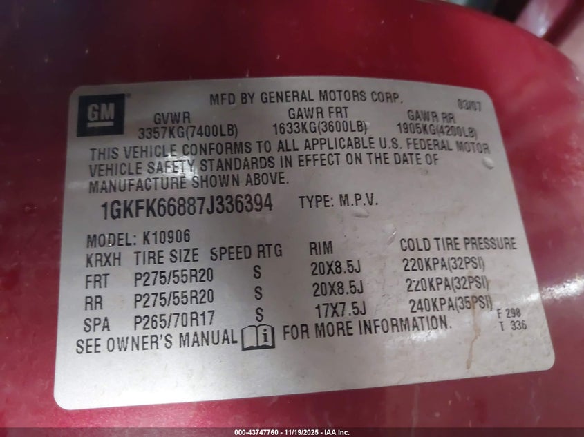 2007 GMC Yukon Xl 1500 Denali VIN: 1GKFK66887J336394 Lot: 43747760