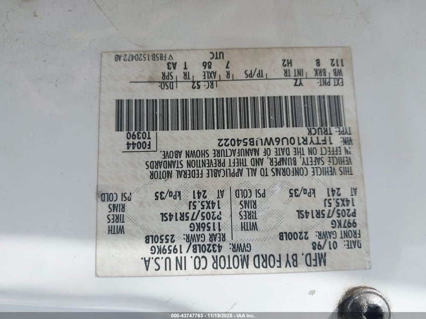 1998 Ford Ranger Splash/Xl/Xlt VIN: 1FTYR10U6WUB54022 Lot: 43747763