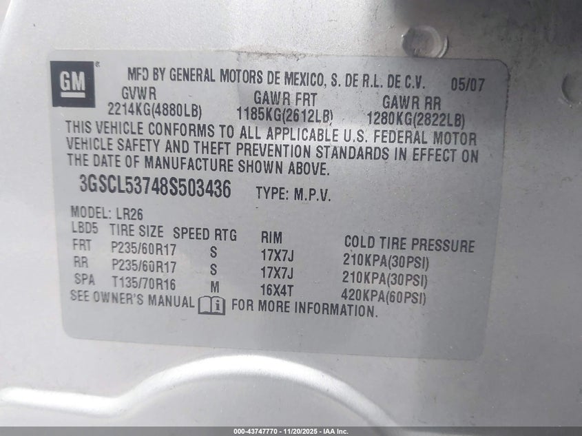 2008 Saturn Vue V6 Xr VIN: 3GSCL53748S503436 Lot: 43747770