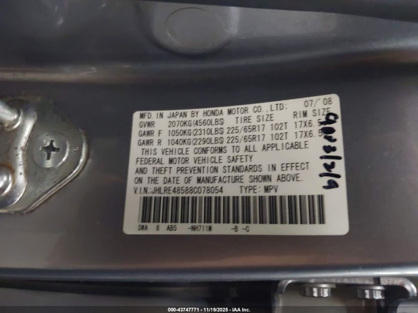 2008 Honda Cr-V Ex VIN: JHLRE48588C078054 Lot: 43747771