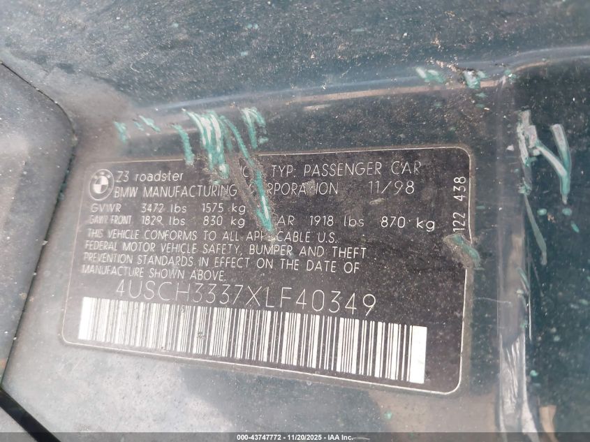 1999 BMW Z3 2.8 VIN: 4USCH3337XLF40349 Lot: 43747772