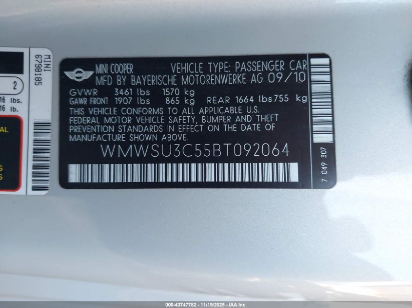 2011 Mini Cooper VIN: WMWSU3C55BT092064 Lot: 43747782