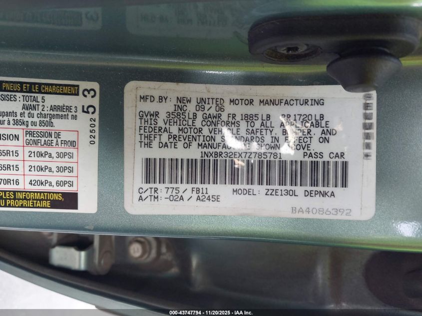 2007 Toyota Corolla Le VIN: 1NXBR32EX7Z785781 Lot: 43747794