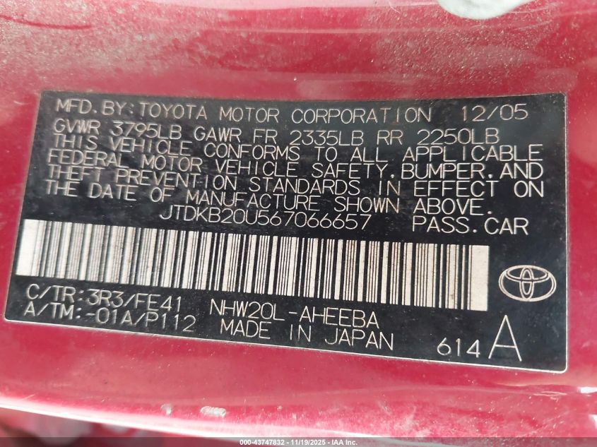 2006 Toyota Prius VIN: JTDKB20U567066657 Lot: 43747832