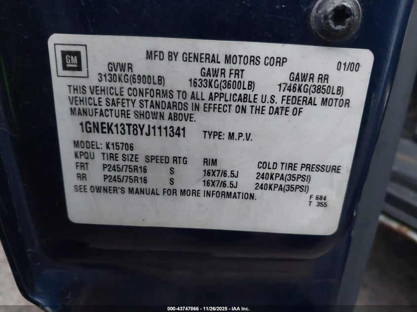 1GNEK13T8YJ111341 2000 CHEVROLET TAHOE photo no. 9