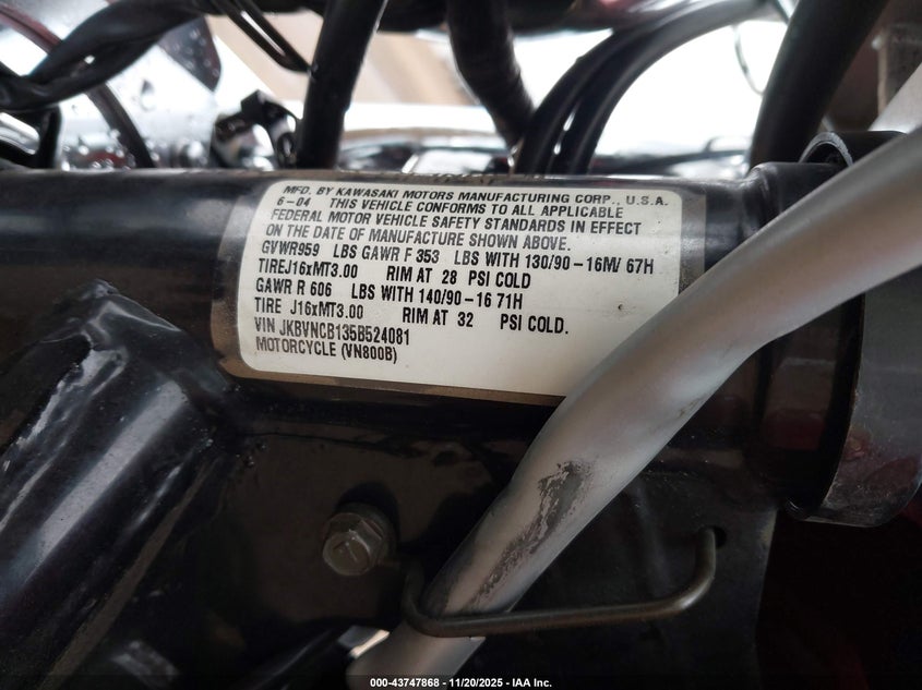 2005 Kawasaki Vn800 B VIN: JKBVNCB135B524081 Lot: 43747868